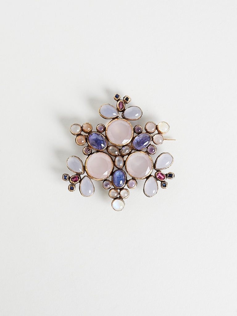 Judy Geib - Lovely Kaleidoscope Pin Featuring Big Rose Quartz, Pink Tourmaline, Amethyst, Moonstone, Blue Sapphire, Chalcedony in 18k Yellow Gold and Sterling Silver