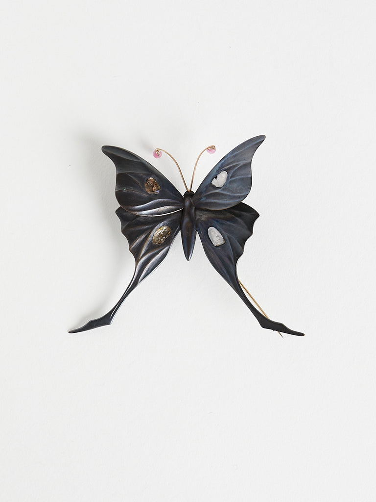 Gabriella Kiss - Luna Moth Brooch in Bronze with Four Slab Diamonds and Ruby Antennae