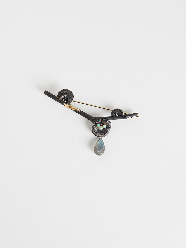 Gabriella Kiss - Mushroom Branch Brooch in Bronze with Opals, Black Diamonds, Labradorite Drop and 18k Yellow Gold Slug