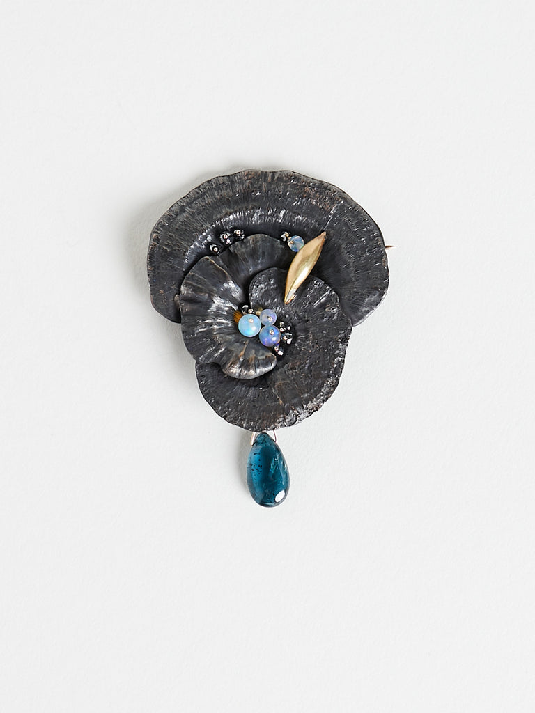 Gabriella Kiss - Three Mushrooms Brooch in Bronze with Opals, Black Diamonds, Kyanite Drop and 18k Yellow Gold Slug