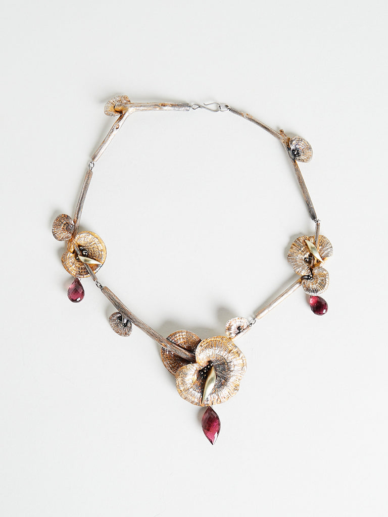 Gabriella Kiss - Mushroom Necklace in Sterling Silver with Three 14k Yellow Gold Slugs, Black Diamonds and Pink Tourmaline Drops