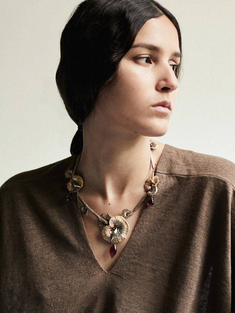 Gabriella Kiss - Mushroom Necklace in Sterling Silver with Three 14k Yellow Gold Slugs, Black Diamonds and Pink Tourmaline Drops