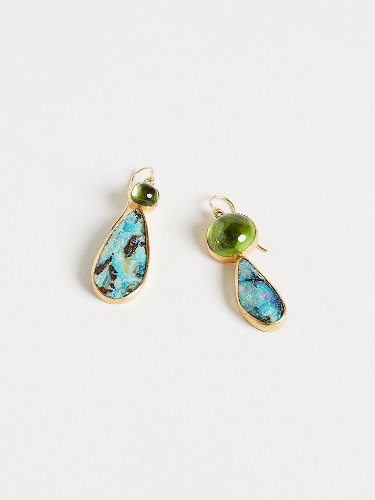 Judy Geib - Opal and Peridot Fixed Double Drop Earrings in 18k Yellow Gold and Sterling Silver