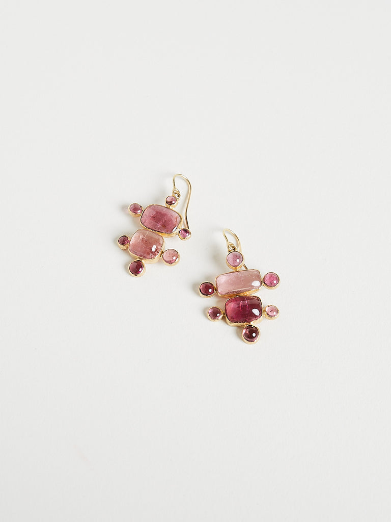 Judy Geib - 24.54ct Rectangular-ish and Round Pink Tourmalines in Fixed Double Drop Playful Earrings in 18k Yellow Gold