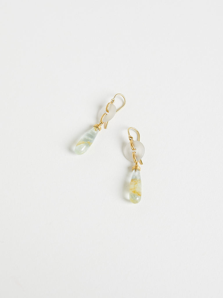 Prounis - Small Frosted Rock Crystal Discus and Beryl Drop Earrings in 22k Yellow Gold
