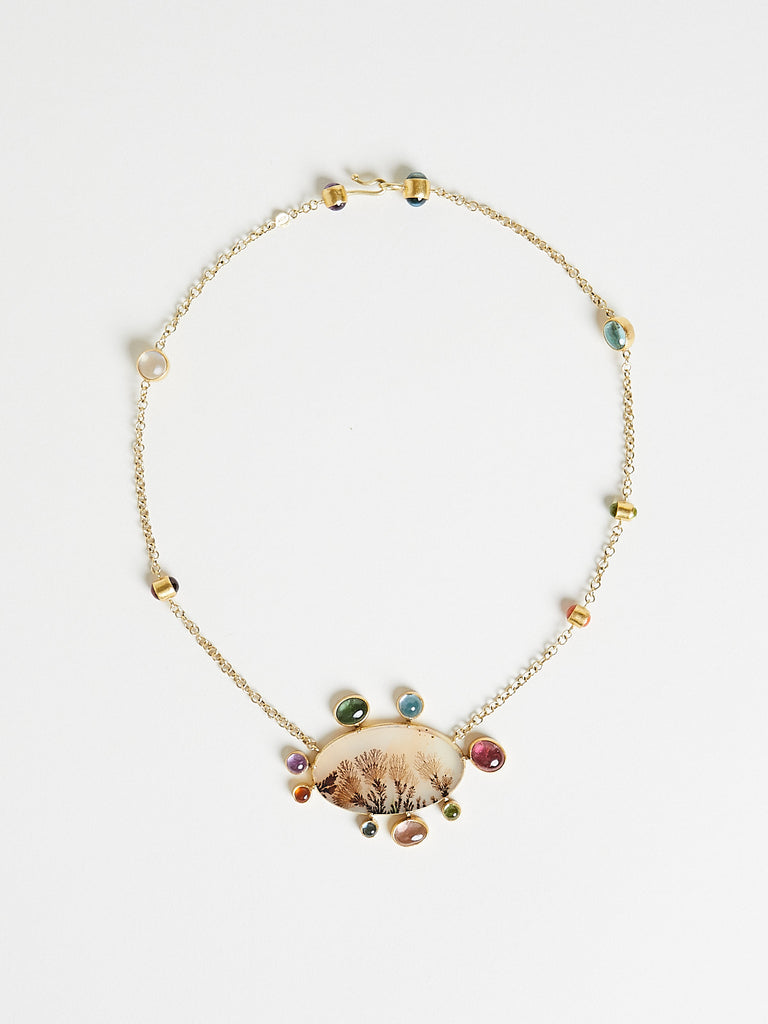 Judy Geib - Dendritic Agate Necklace with Gemstone Border and Chain in 18k Yellow Gold