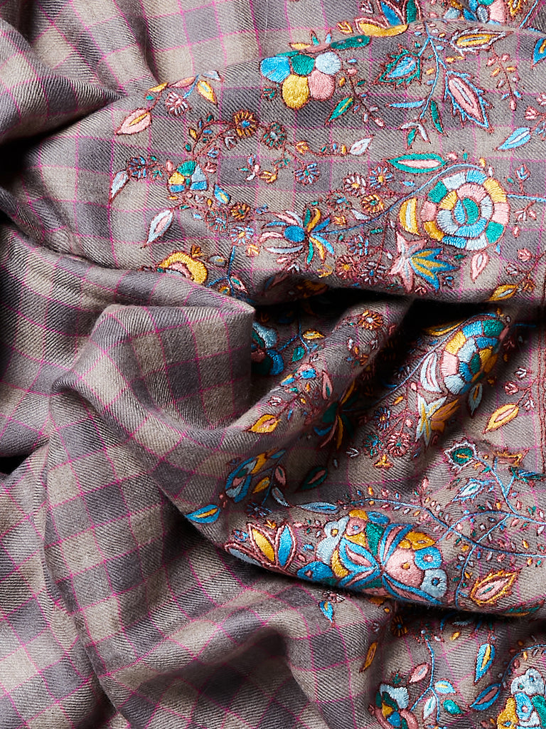Yaser Shaw - Embroidered Pashmina Shawl in Steel Grey/Natural Gingham with Bold Embroideries