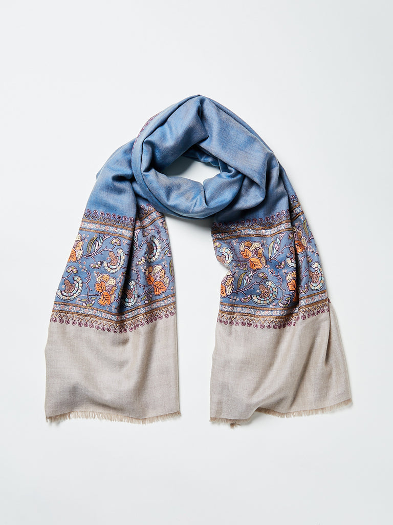 Yaser Shaw - Embroidered Pashmina Shawl in Stone Blue/Natural with Bold Embroideries
