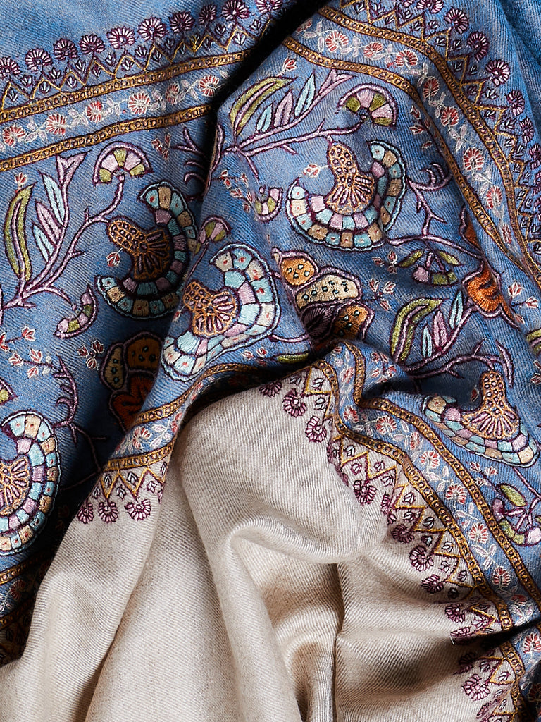 Yaser Shaw - Embroidered Pashmina Shawl in Stone Blue/Natural with Bold Embroideries