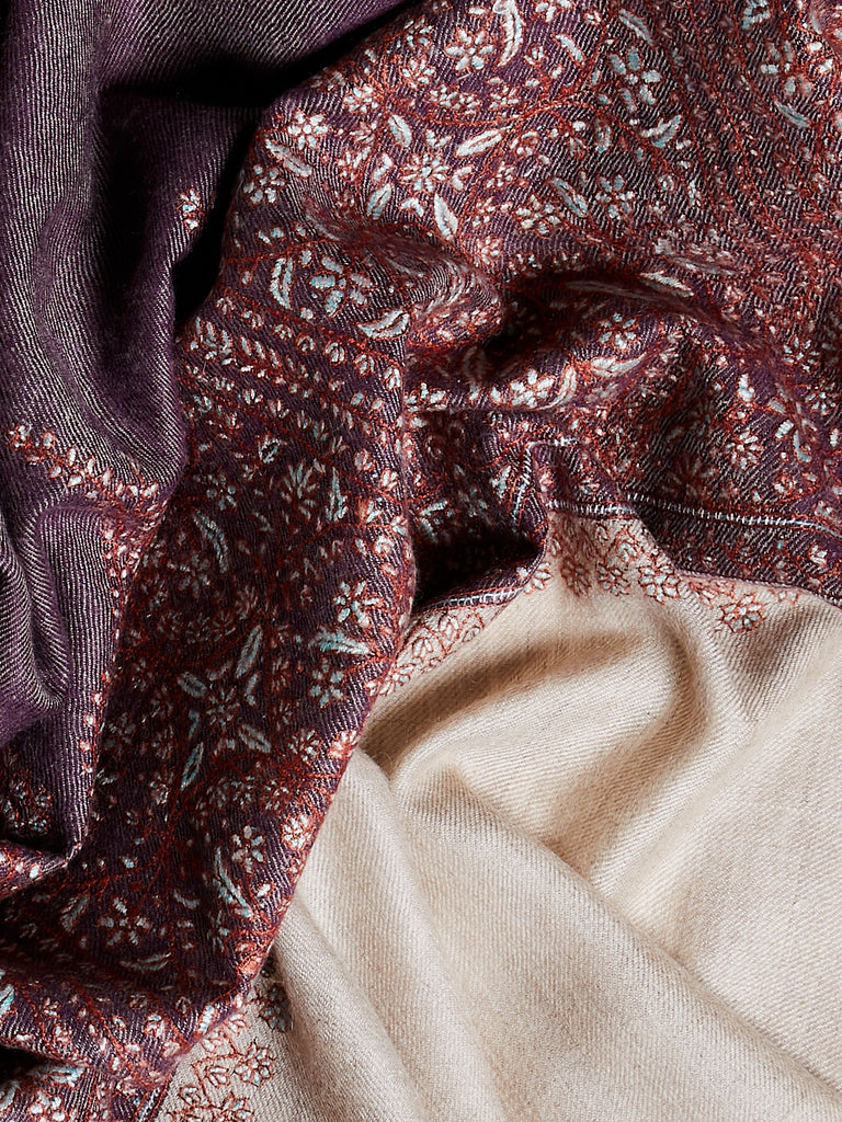 Yaser Shaw - Embroidered Pashmina Shawl in Purple with Rust/Light Blue Embroideries