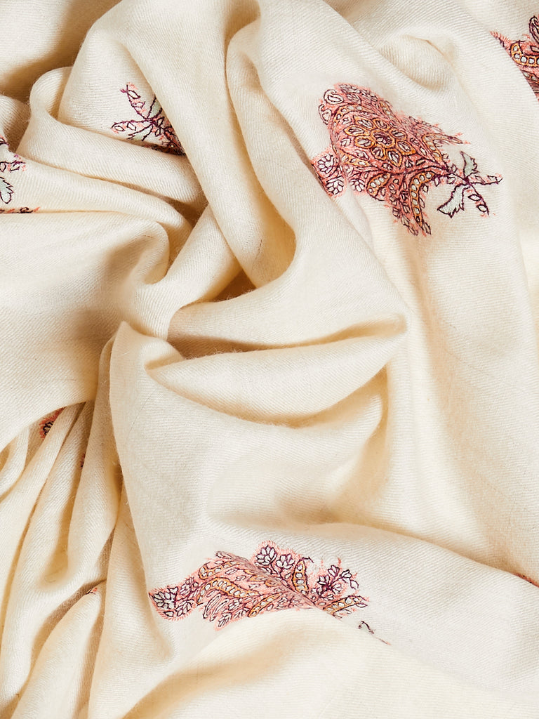 Yaser Shaw - Embroidered Pashmina Shawl in Cream with Coral Paisley Embroideries