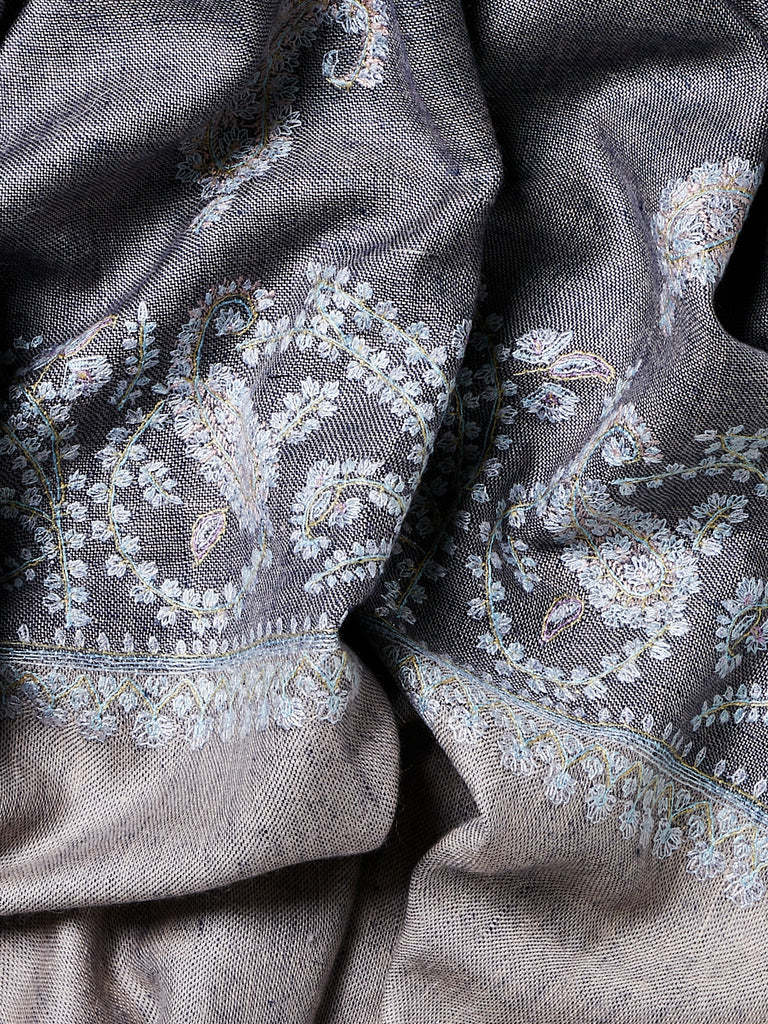 Yaser Shaw - Embroidered Pashmina Shawl in Denim Chambray with Pastel Blue Embroideries
