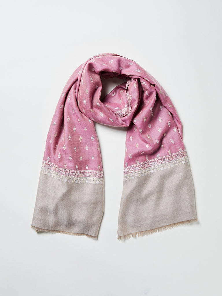 Yaser Shaw - Embroidered Pashmina Shawl in Pink/Natural with Cream Embroideries