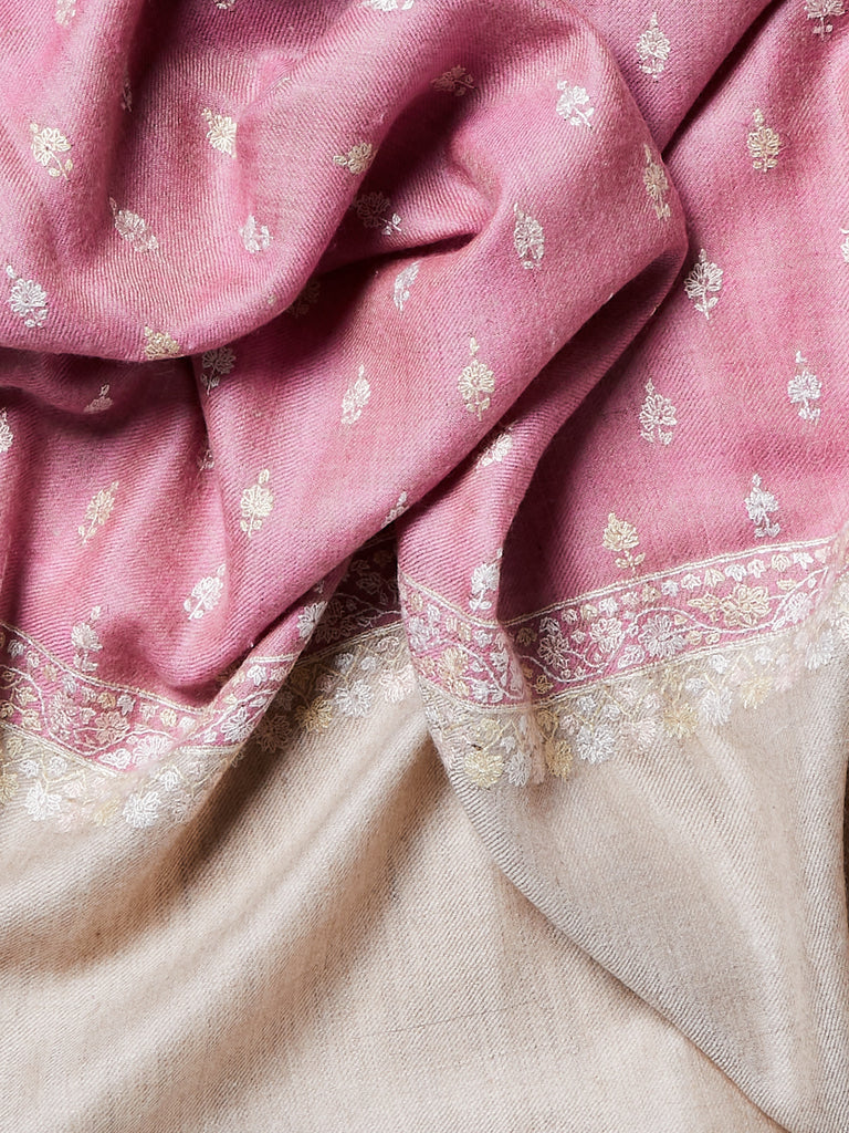 Yaser Shaw - Embroidered Pashmina Shawl in Pink/Natural with Cream Embroideries