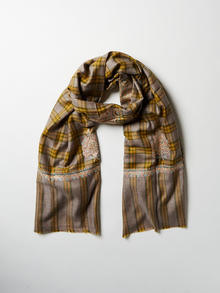 Yaser Shaw - Embroidered Pashmina Shawl in Olive/Sand Check with Turquoise/Pink Embroideries