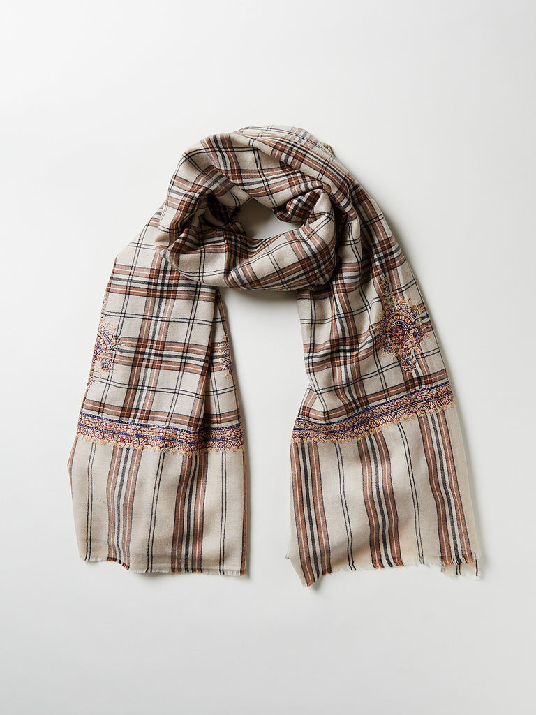 Yaser Shaw - Embroidered Pashmina Shawl in Brown/Natural Check with Burgundy/Blue Embroideries