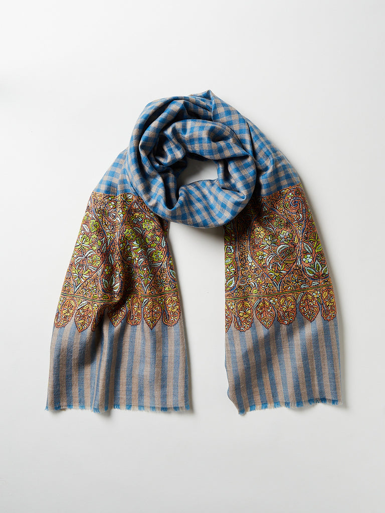 Yaser Shaw - Embroidered Pashmina Shawl in Blue Check with Lime Green Embroideries