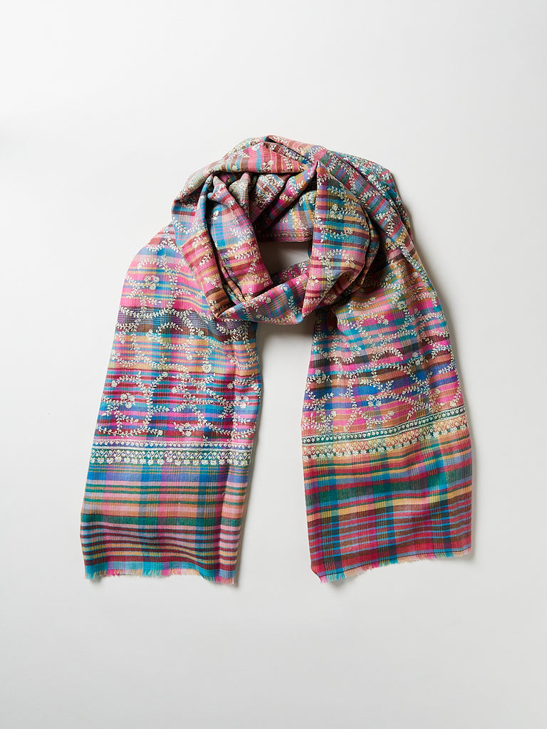Yaser Shaw - Embroidered Pashmina Shawl in Multicolour Check with White Embroideries