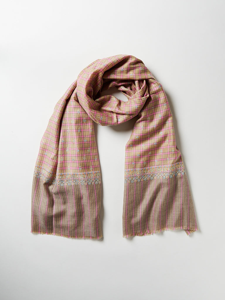 Yaser Shaw - Embroidered Pashmina Shawl in Fuchsia/Grey Stripes with Turquoise Embroideries
