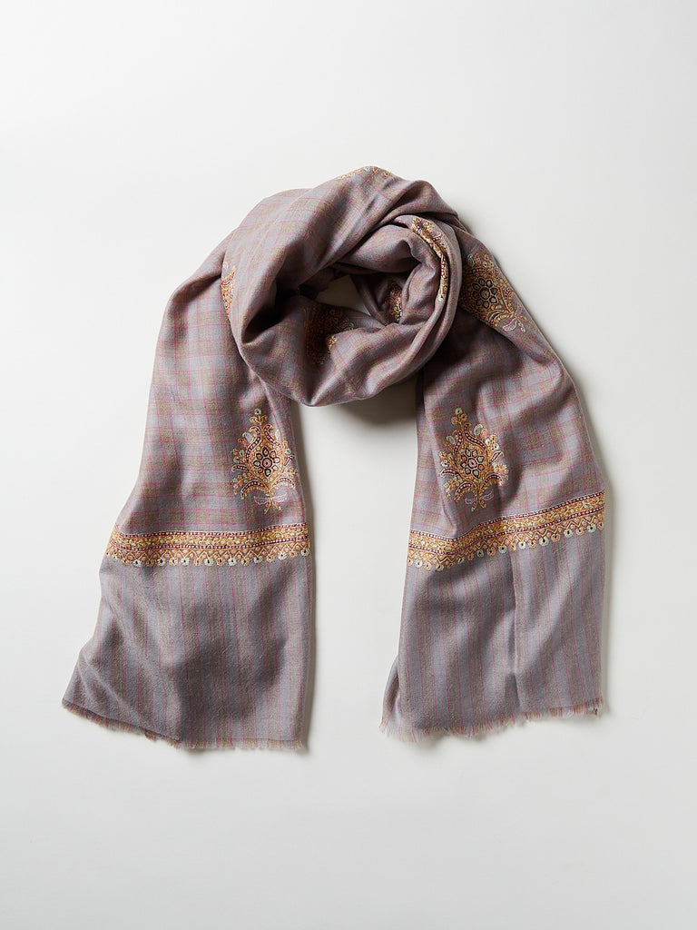 Yaser Shaw - Embroidered Pashmina Shawl in Grey/Taupe and Pink Check with Pastel Embroideries