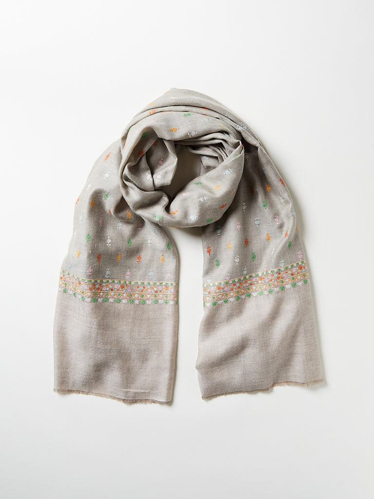 Yaser Shaw - Embroidered Pashmina Shawl in Taupe with Multicolour Embroideries