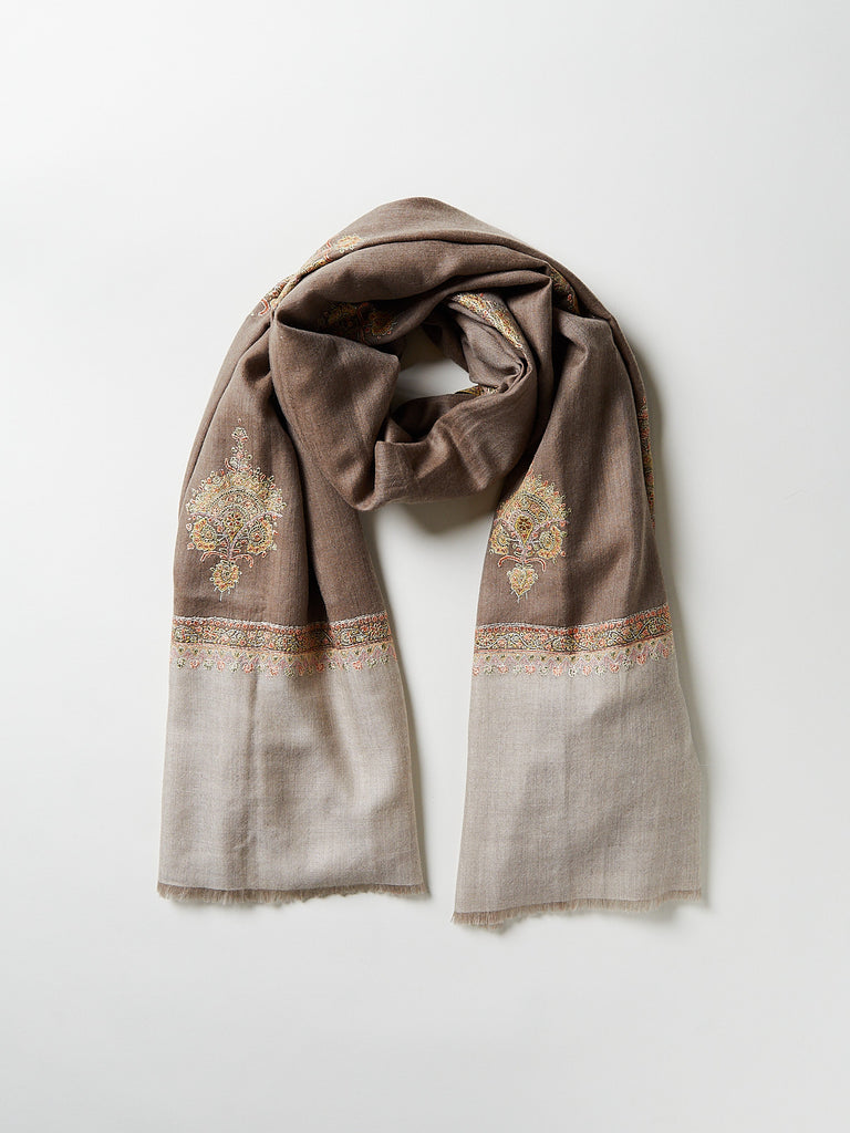 Yaser Shaw - Embroidered Pashmina Shawl in Taupe/Natural with Pastel Embroideries