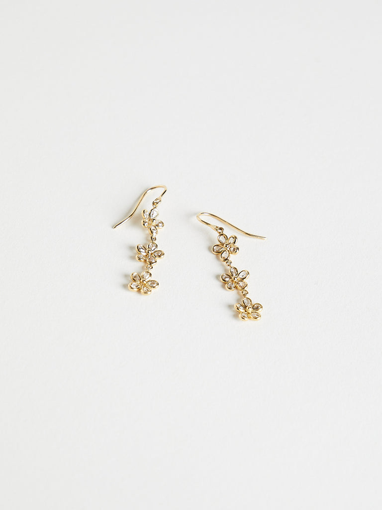 Myrto -Three Flowers Drop Earrings with 0.9ct Rose Cut Brown Diamond on 18K Yellow Gold
