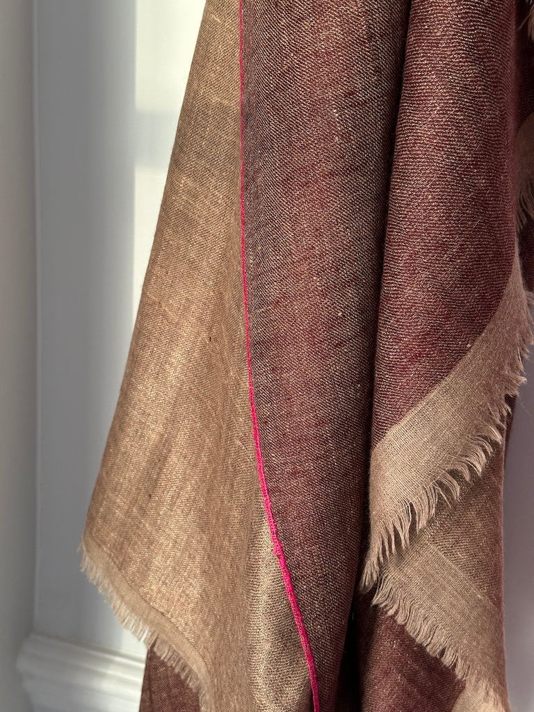 Yaser Shaw - Double Sided Pashmina Shawl in Burgundy/Natural with Zari (Gold Thread)