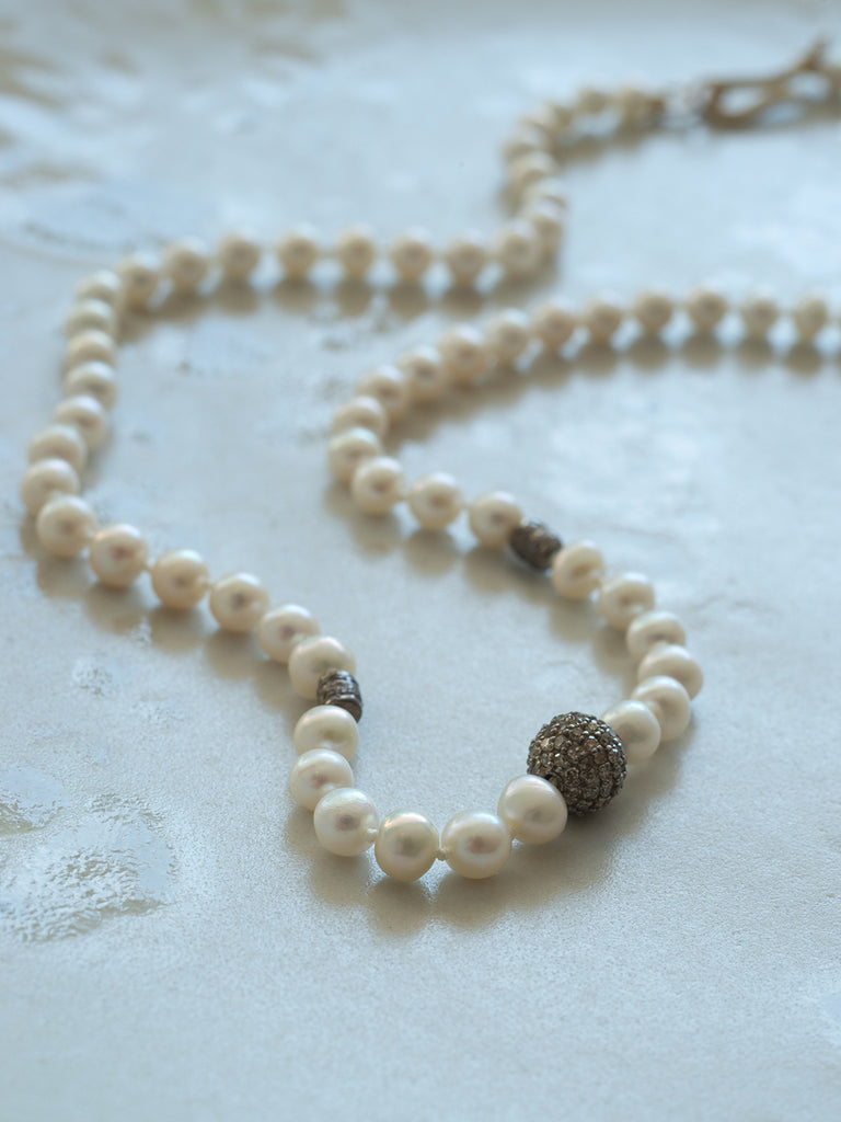 Pearl Beaded Necklace with Multi Colour Semi Precious Stones and Silver & Grey Diamond Motifs