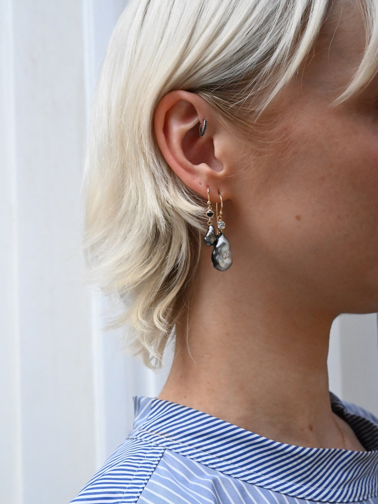 Big Keshi Drop Earrings On Hooks in 14K Yellow Gold with Diamonds and Keshi Pearls