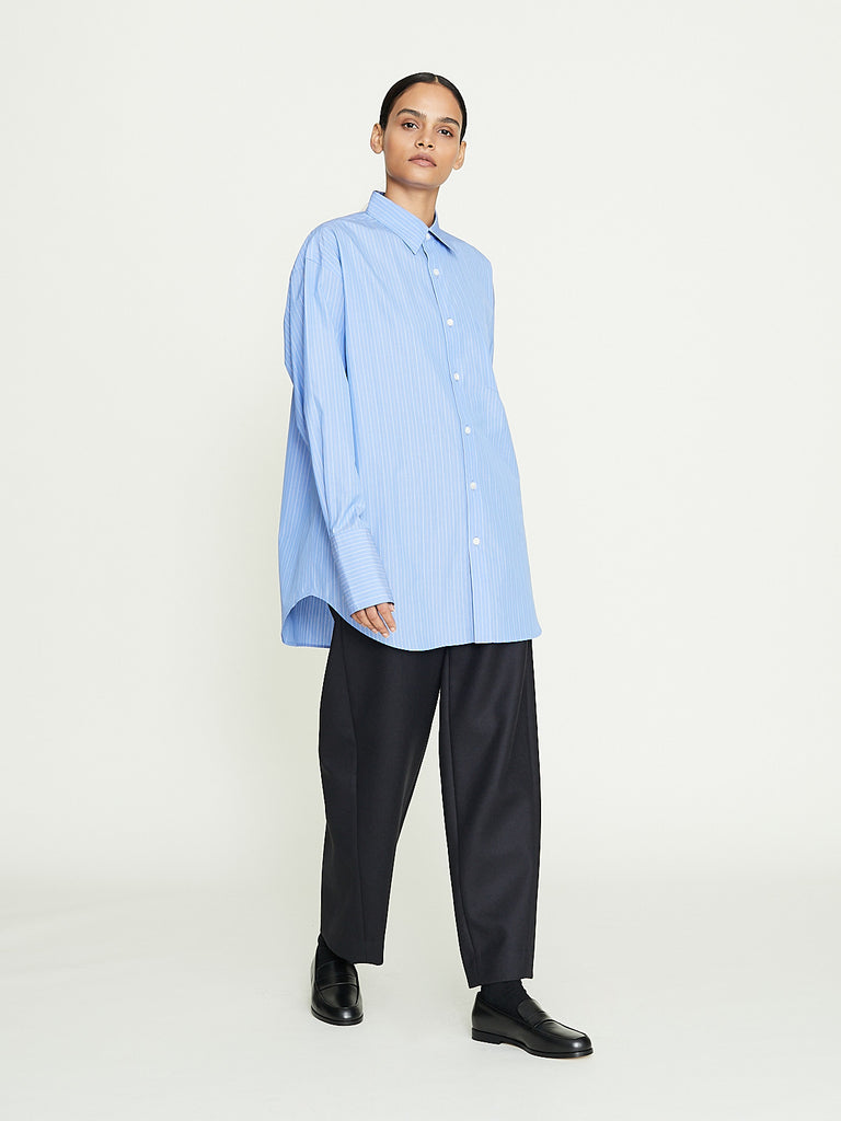 Auralee Suvin High Count Cloth Stripe Shirt in Sax Blue