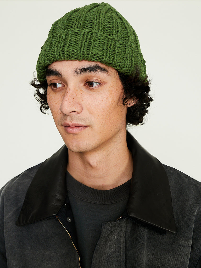 Auralee - Wool Cashmere Felted Hand Knit Cap in Olive