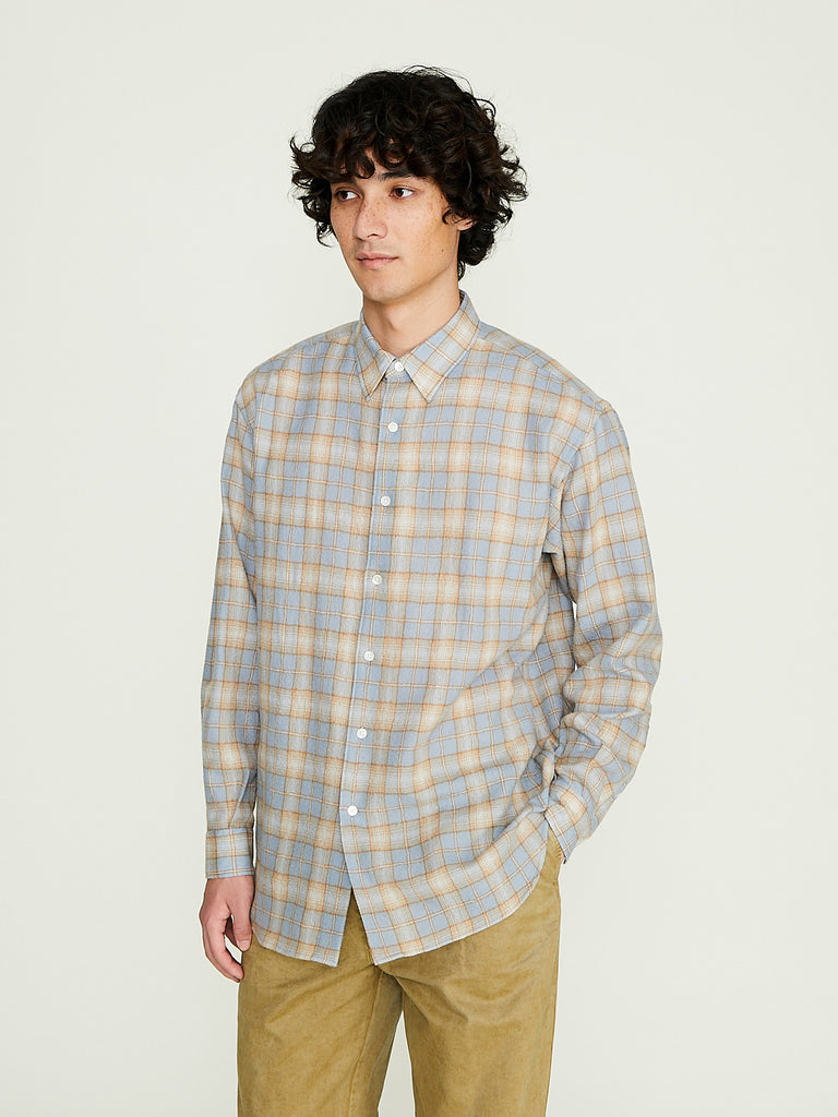 Auralee - Men's Airy Wool Check Shirt in Light Blue x Beige