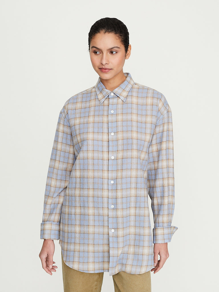 Auralee - Women's Airy Wool Check Shirt in Light Blue x Beige