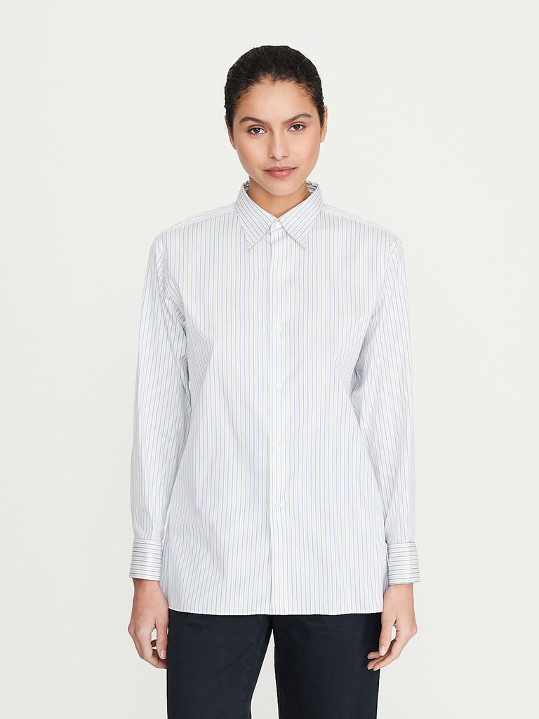 Auralee - Cotton Silk Stripe Double-Cuff Shirt in White Stripe