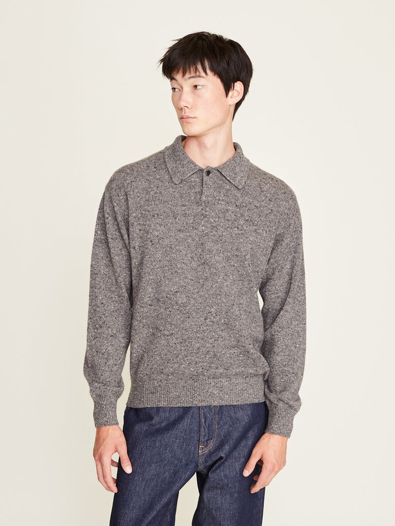 Auralee - Cashmere Nep Knit Polo in Mix Gray
