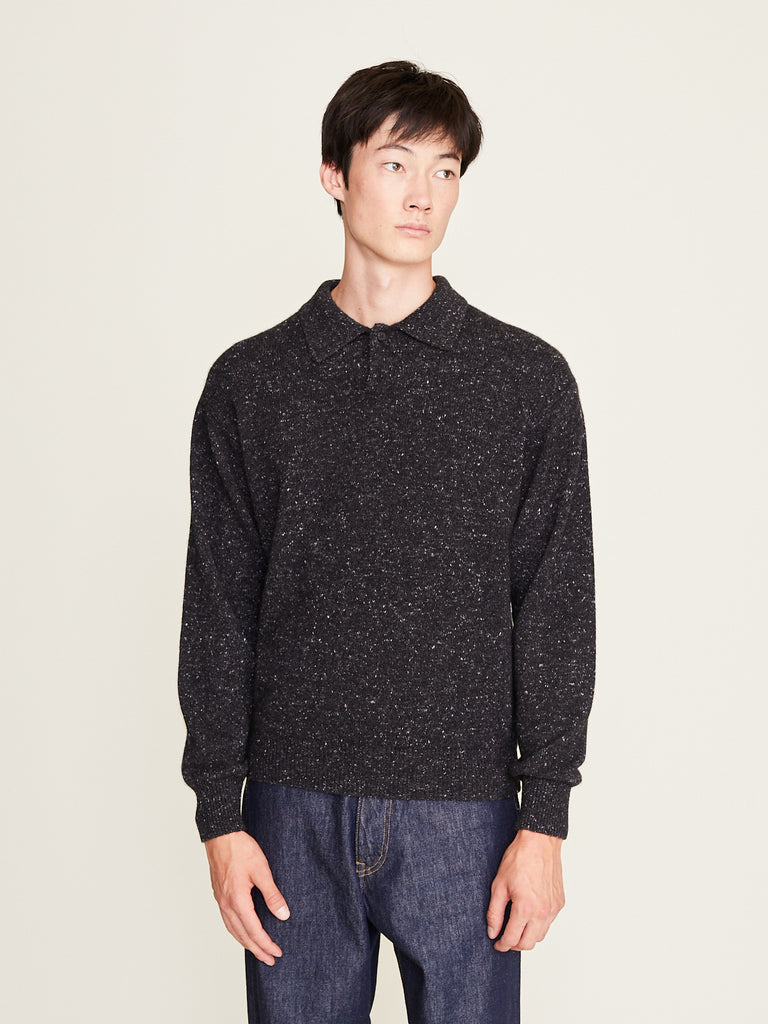 Auralee - Cashmere Nep Knit Polo in Mix Black