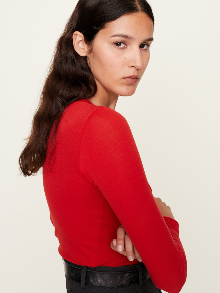Auralee - Super High Gauge Sheer Rib Long Sleeves Tee in Red