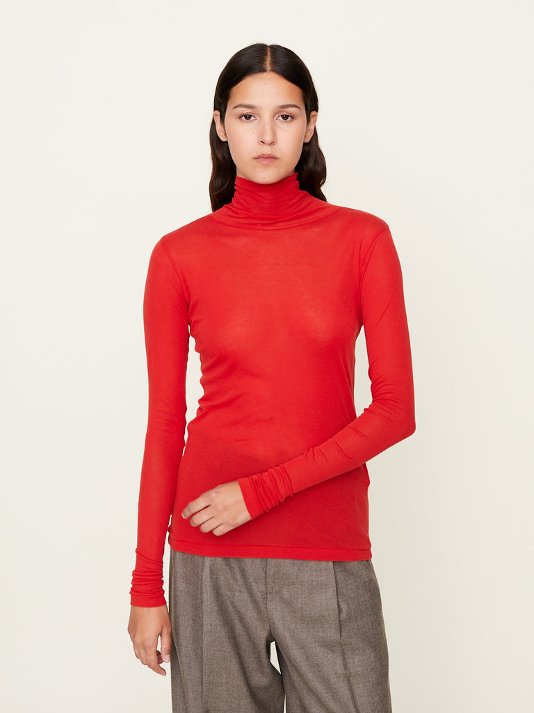 Auralee - Super High Gauge Sheer Rib Turtle Neck Long Sleeves Tee in Red