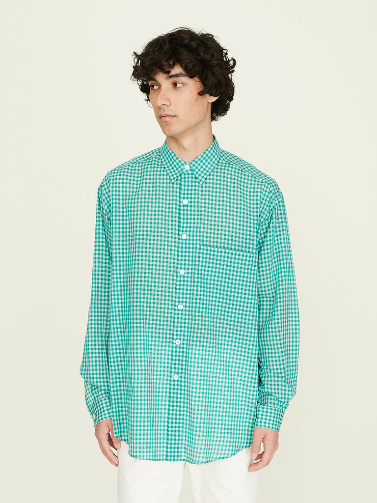 Auralee Airy Light Cotton Check Big Shirt in Green Gingham Check