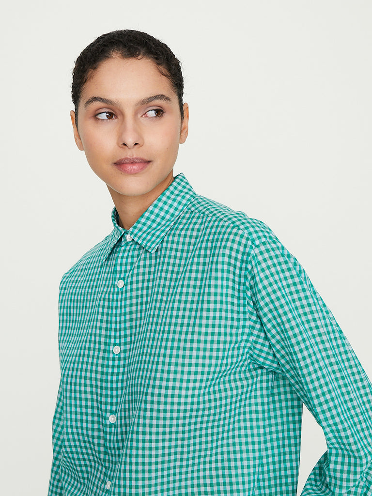 Auralee Airy Light Cotton Check Big Shirt in Green Gingham Check