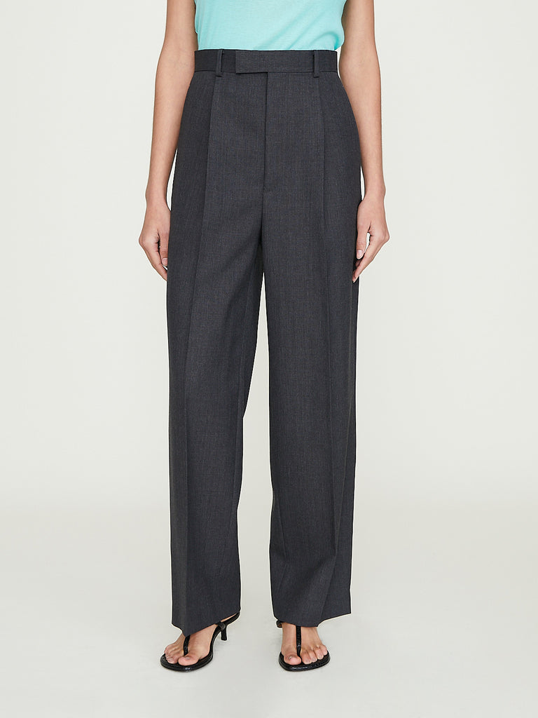 Auralee Wool Kid Mohair Hop Sack One-Tuck Slacks in Top Charcoal