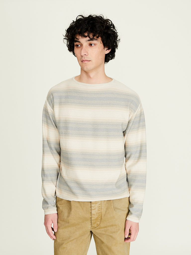  Auralee - Men's Cotton Silk Gradient Stripe Knit Boat Neck P/O in Blue Beige Stripe