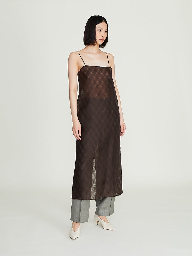 Auralee - Sheer Silk Cotton Cut Jacquard Camisole Dress in Dark Brown