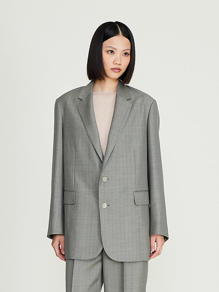 Auralee - Bluefaced Wool Jacket in Khaki Gray Stripe