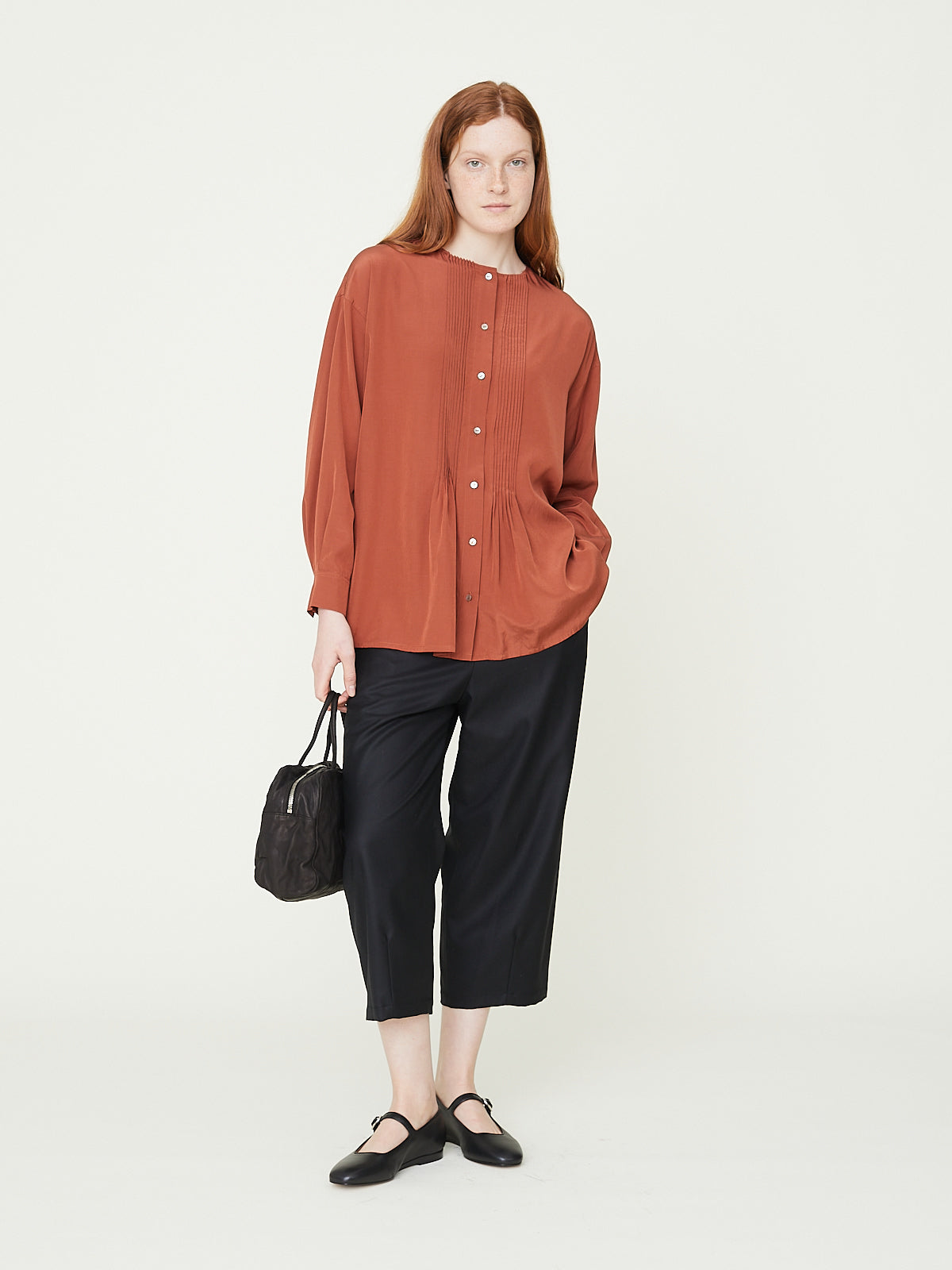 No Collar Pintuck Shirt in Apple Vintage Red