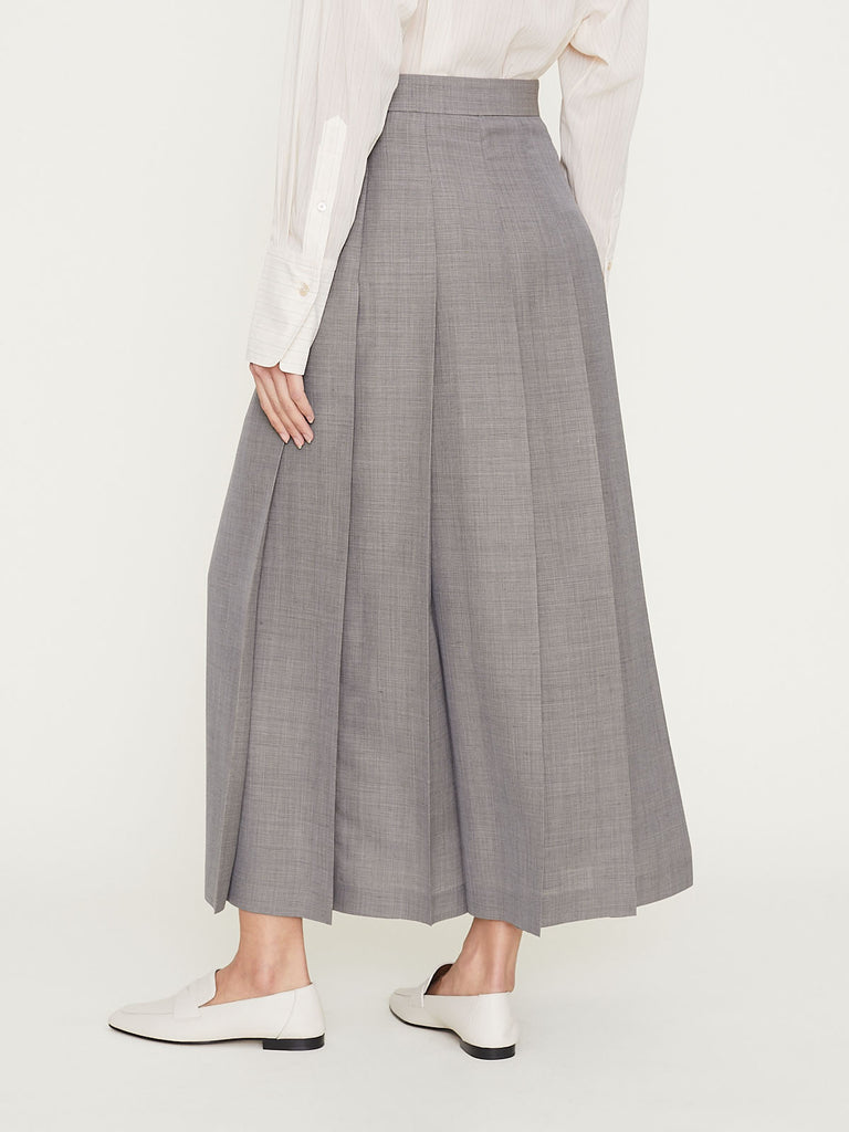 Auralee Tropical Wool Kid Mohair Pleated Skirt in Grey Check