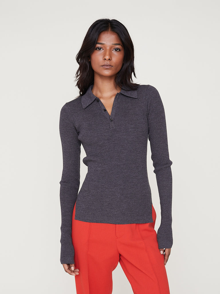 Auralee Super Fine Wool Gauge Rib Knit Polo in Top Charcoal
