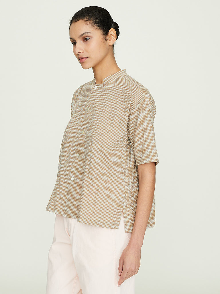 Chimala Women's Stand Collar Plaid Blouse in Brown