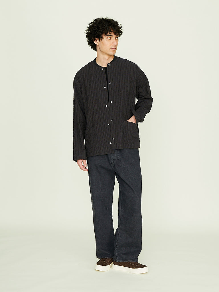 Chimala - Unisex Gingham Check Rib Collar Shirt in Navy/Brown